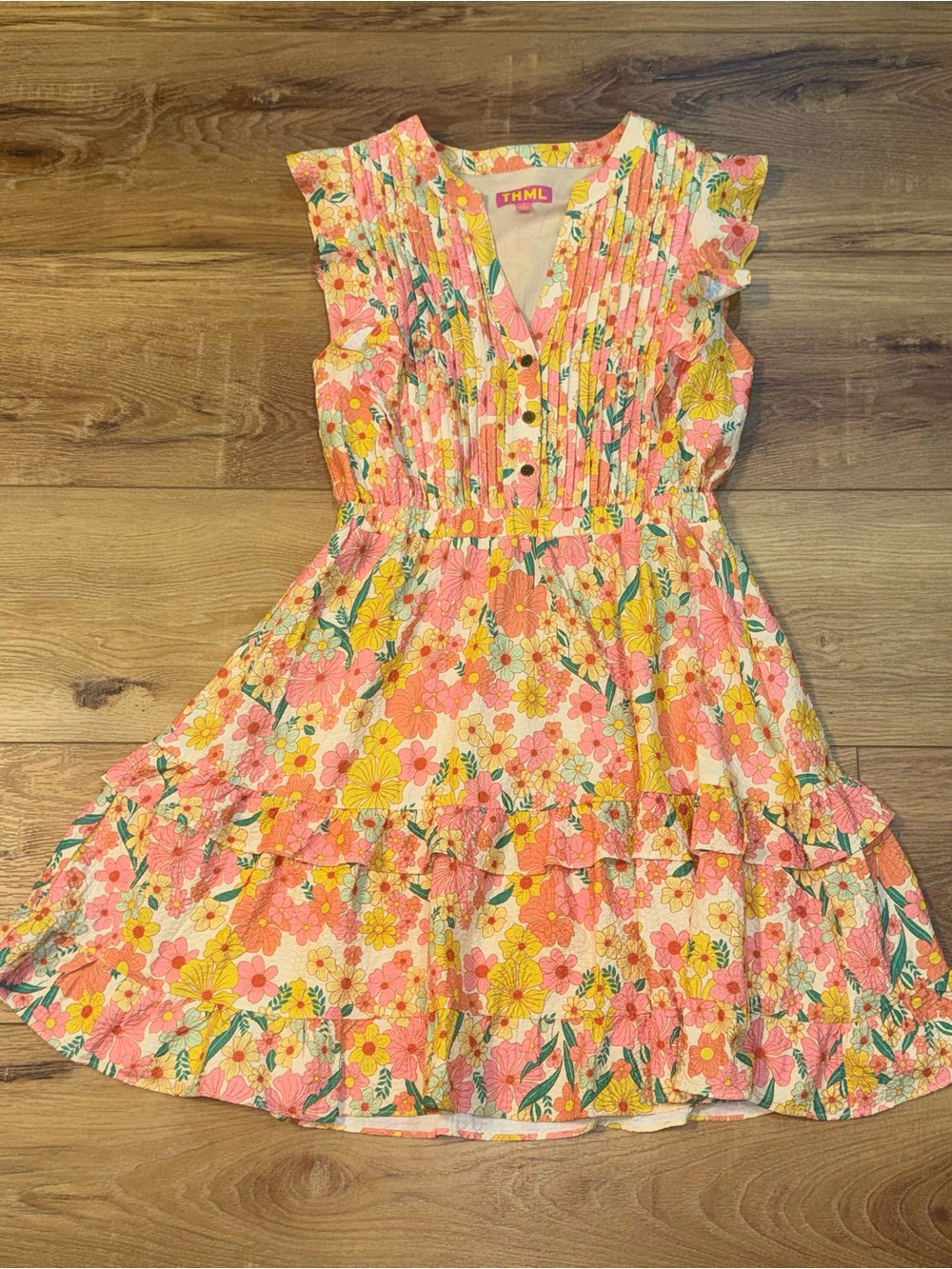 THML Pink & Yellow Floral Ruffle-Tier Casual Dress